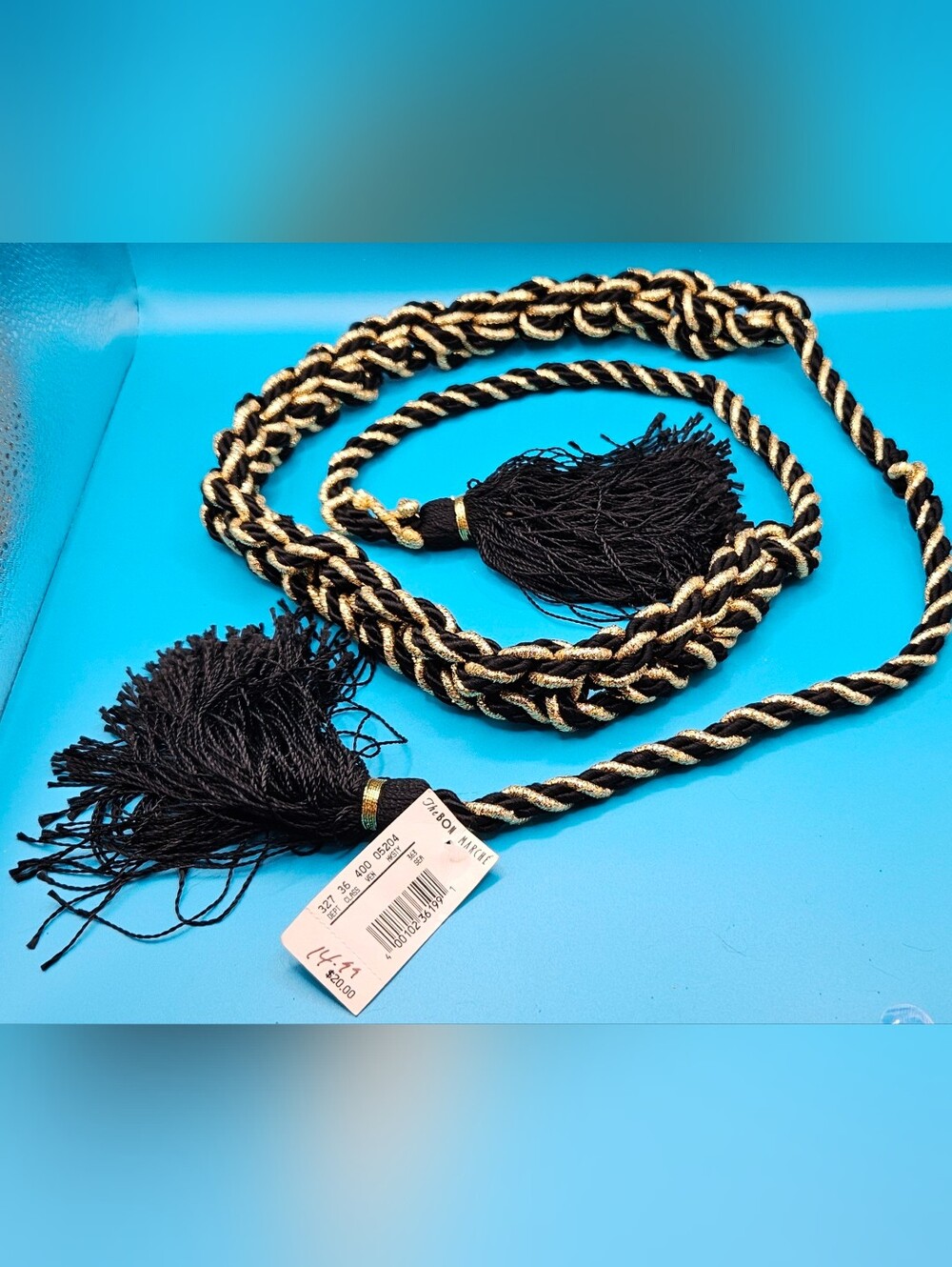 The Bon Marche Black and Gold Braided Tassel Rope Belt